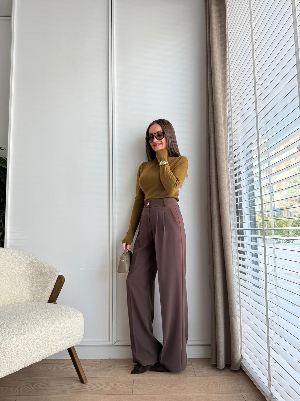 Kahve rengi Beli Lastikli Gold Düğmeli Palazzo Pantolon KA4386