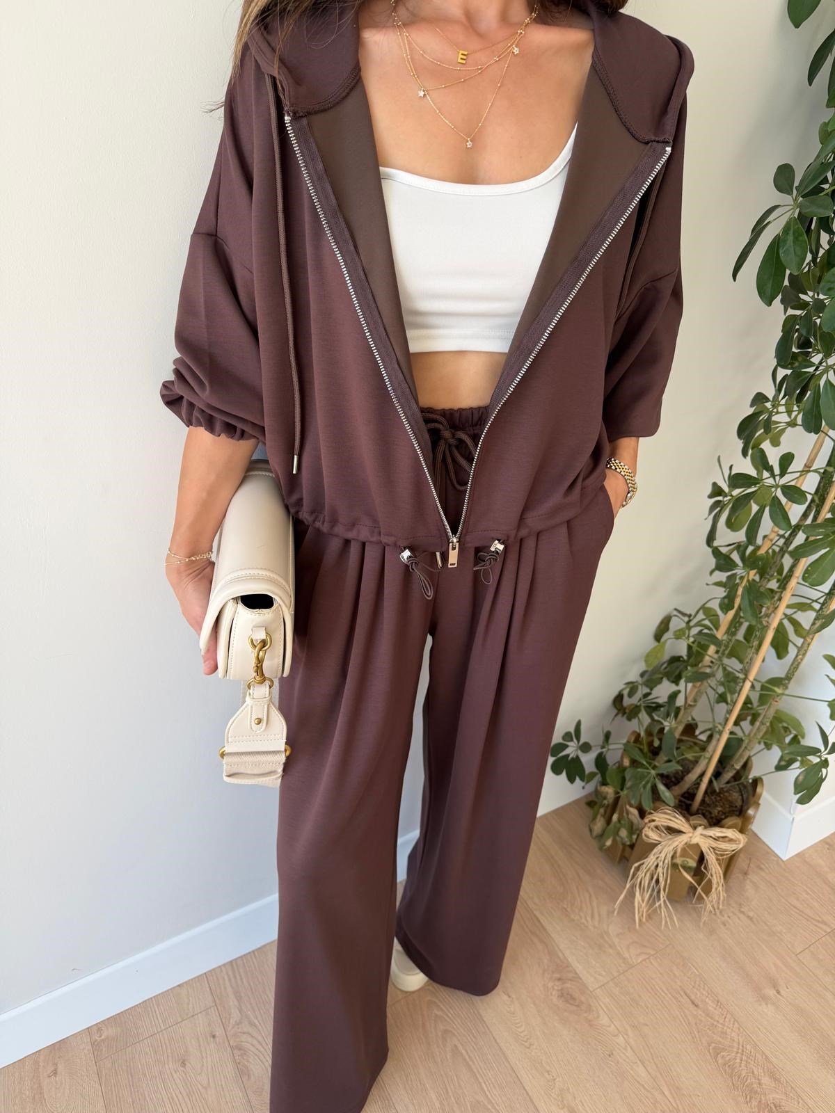 Kahve rengi Beli Lastikli Modal Kumaş Takım 4191