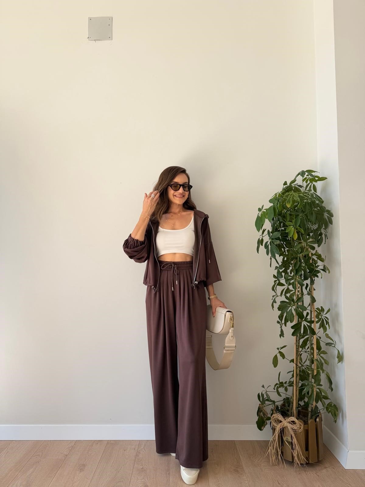 Kahve rengi Beli Lastikli Modal Kumaş Takım 4191