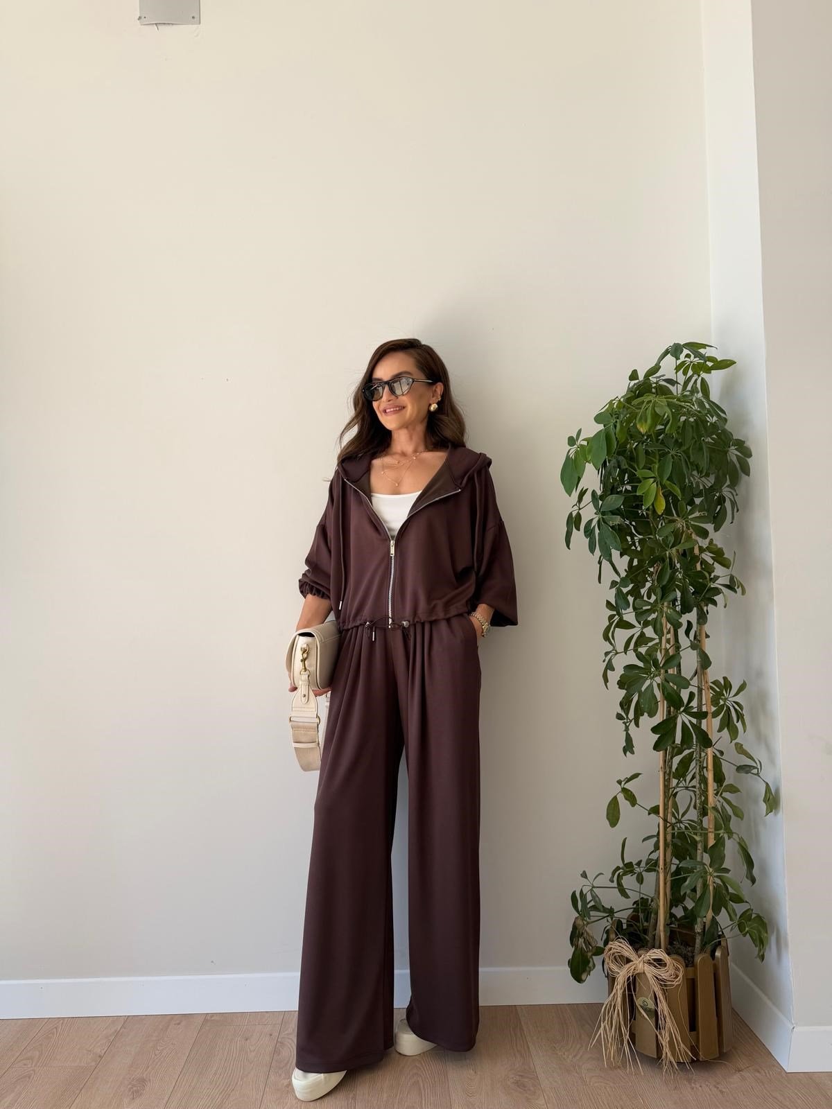 Kahve rengi Beli Lastikli Modal Kumaş Takım 4191