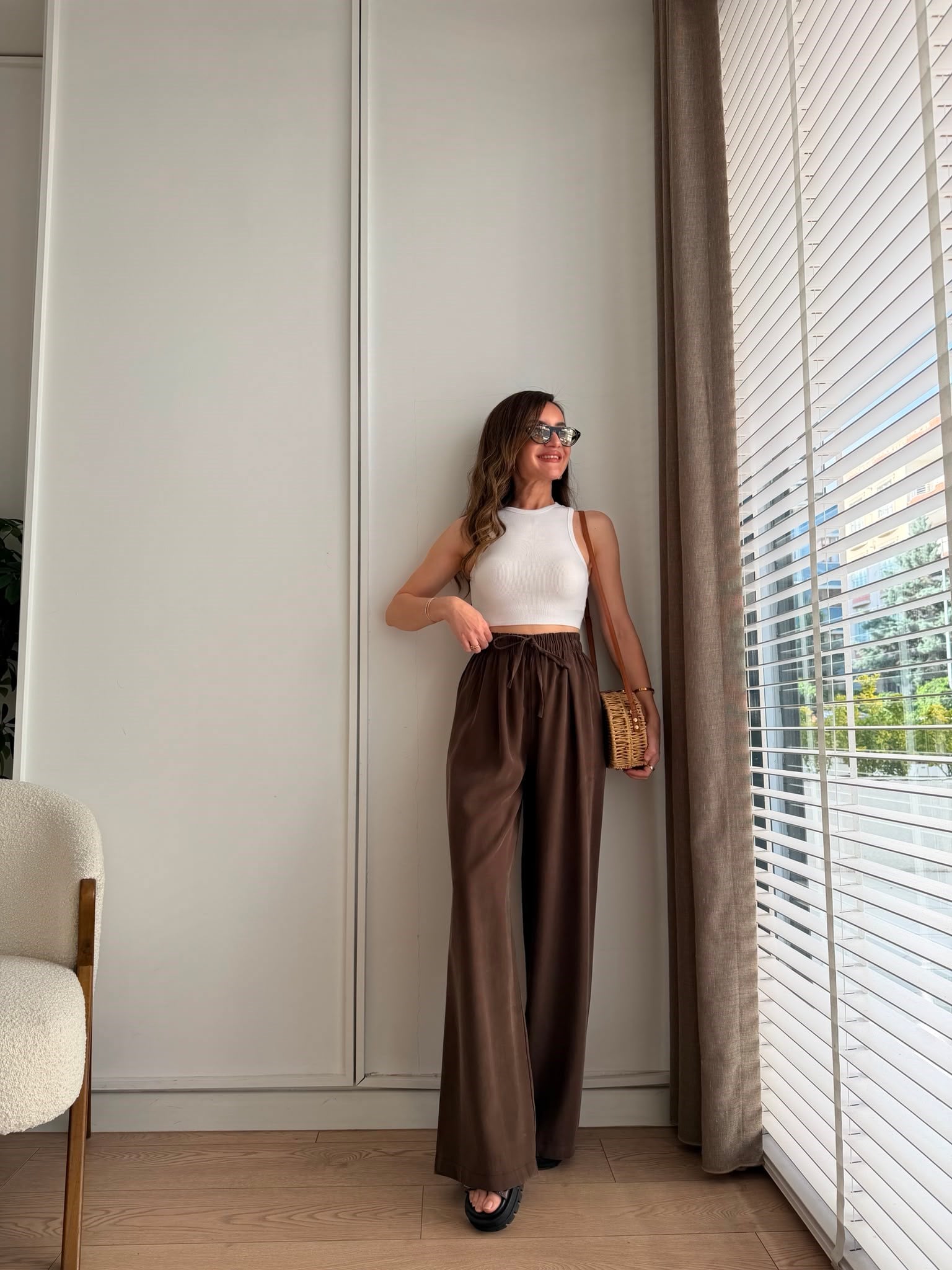 Kahve rengi Beli Lastikli Tensel Palazzo Pantolon 3950