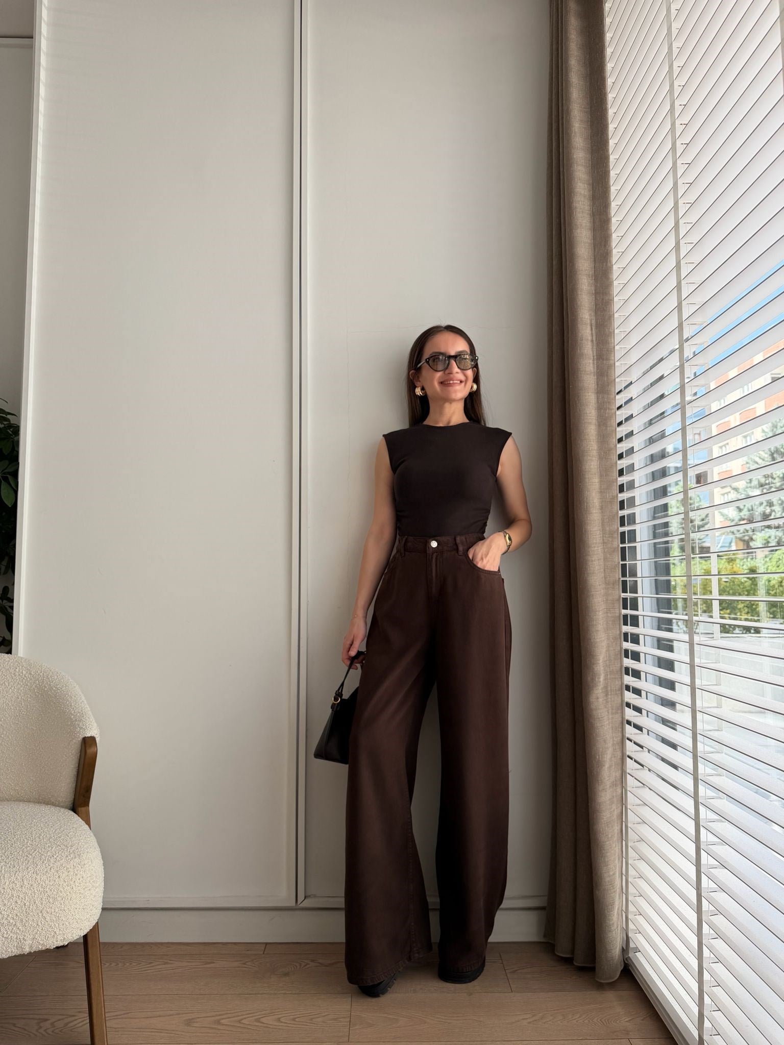 Kahve rengi Beli Lastikli Tensel Palazzo Jean 1071