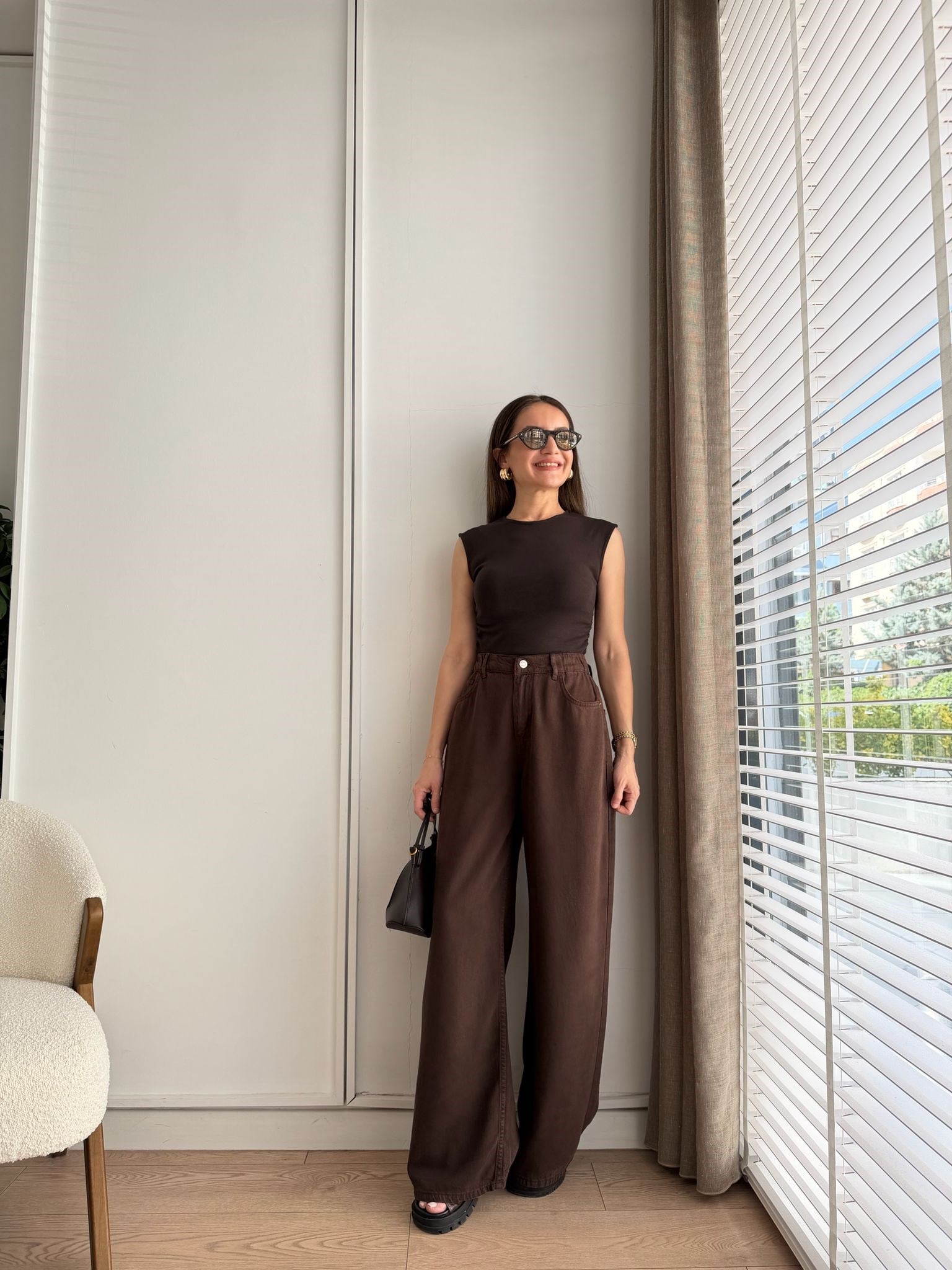 Kahve rengi Beli Lastikli Tensel Palazzo Jean 1071