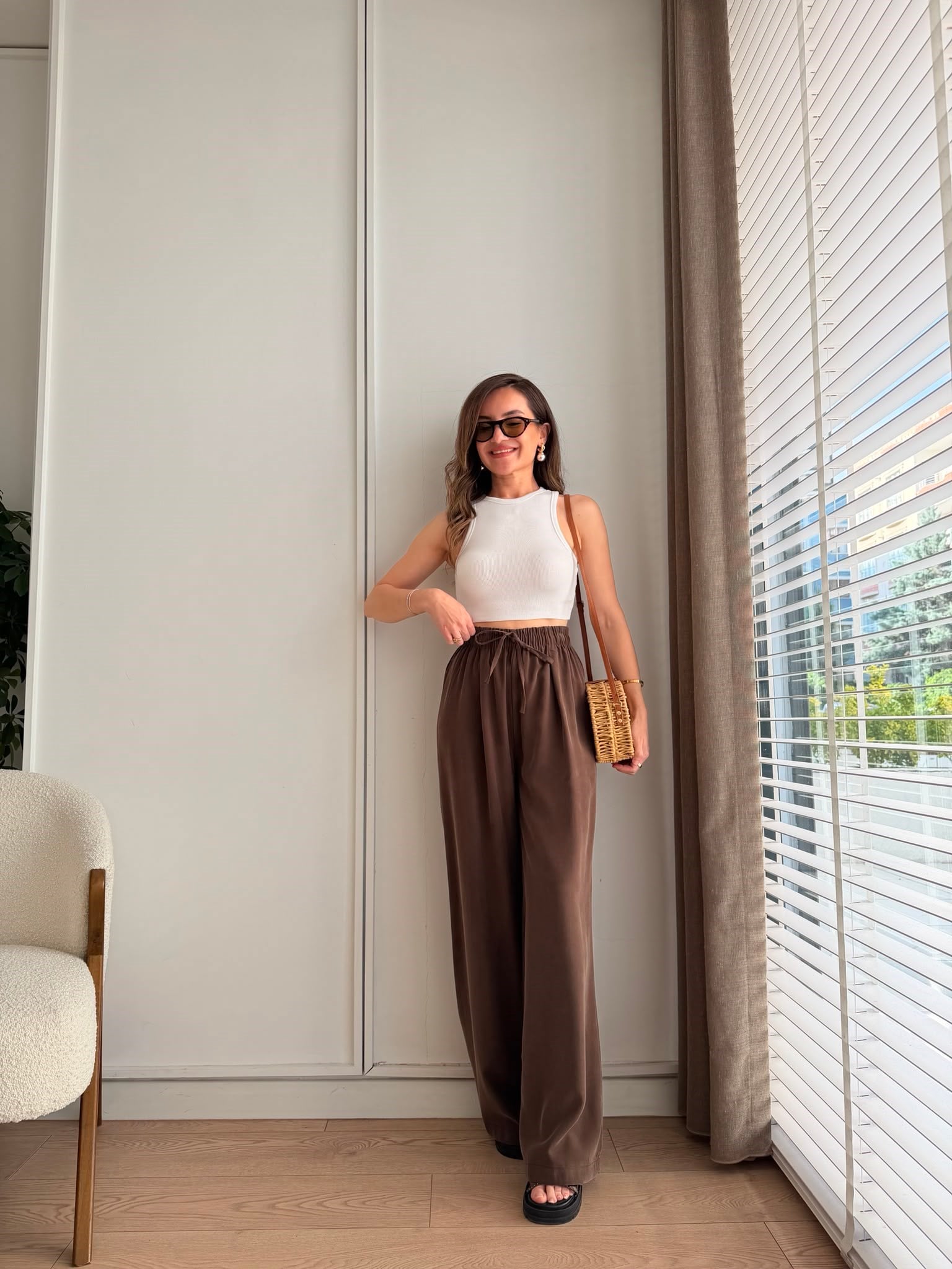 Kahve rengi Beli Lastikli Tensel Palazzo Pantolon 3950