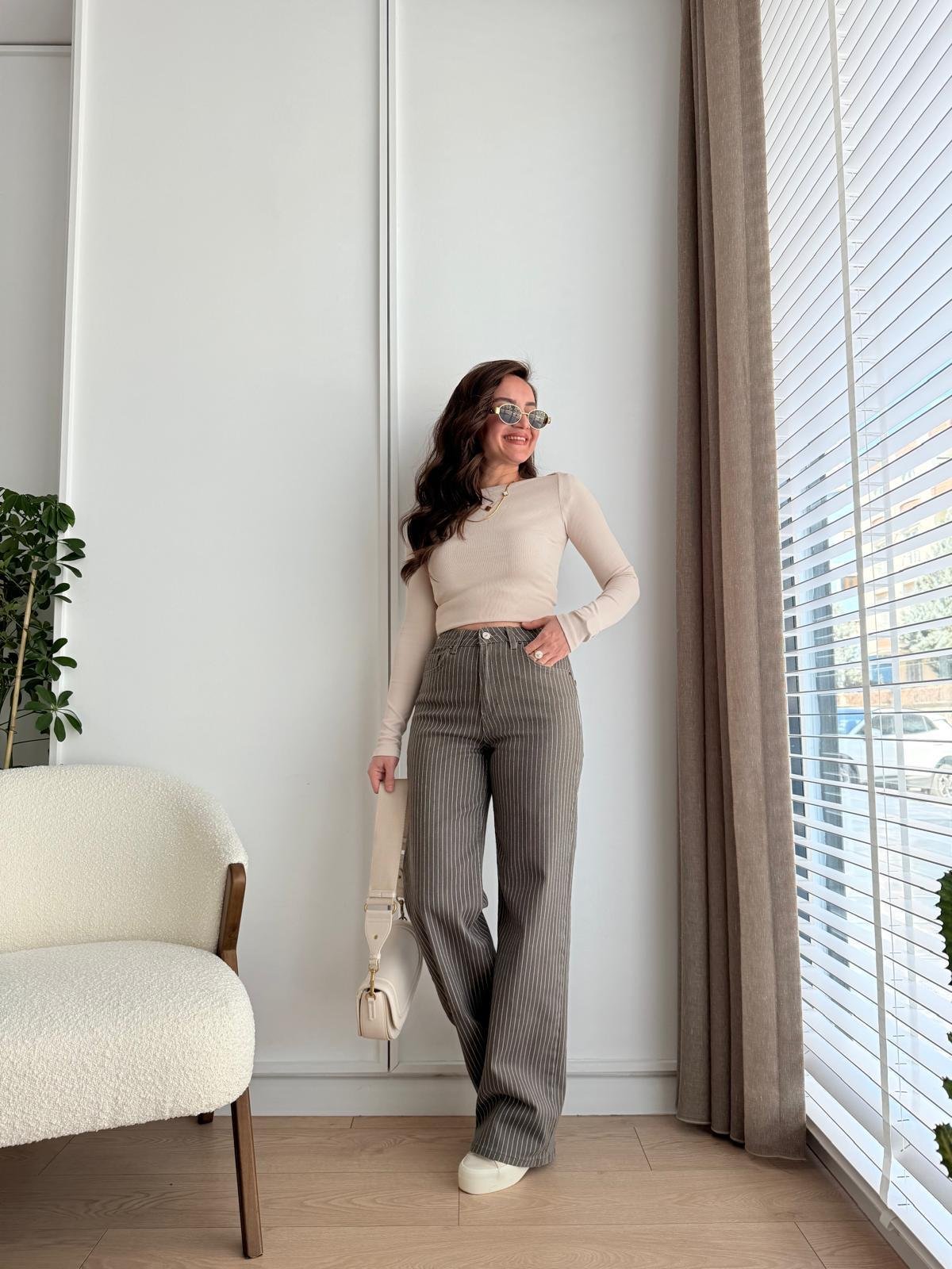 Kahve rengi Beyaz Çizgili Bol Paça Jean Pantolon 783