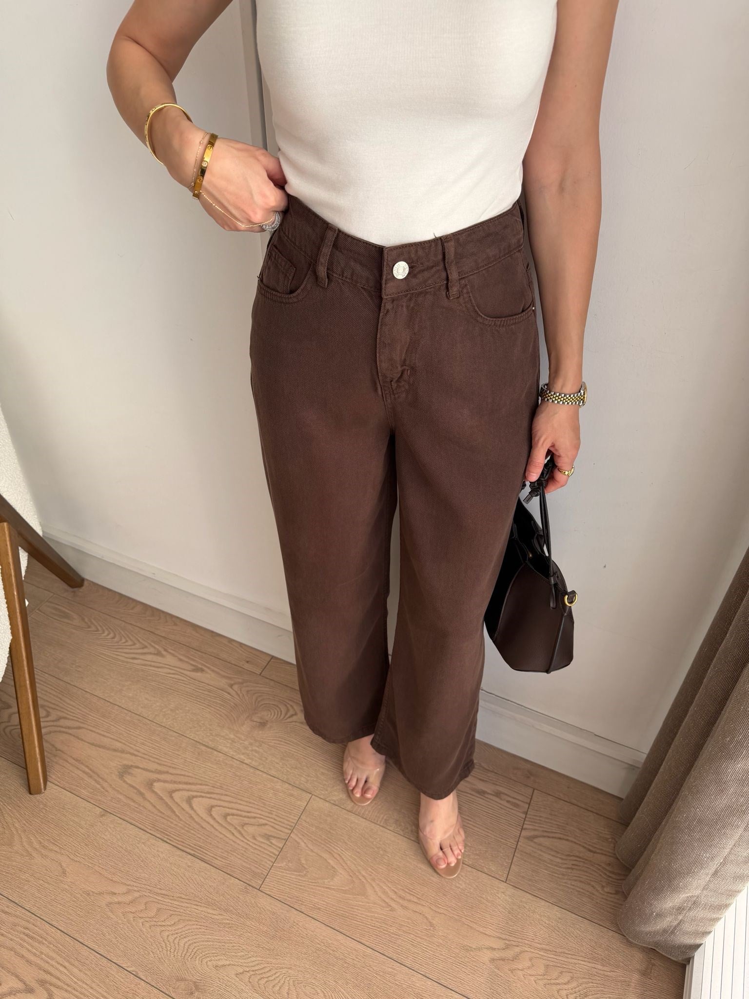Kahve rengi Bilek Boy Bol Paça Tensel Jean 1026