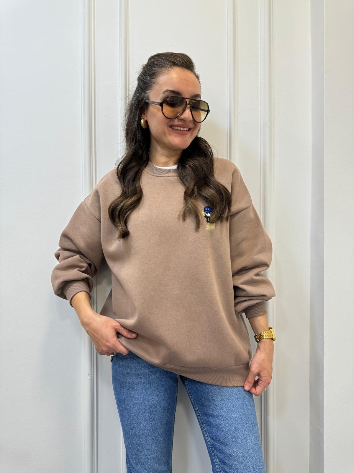 Kahve rengi Bisiklet Yaka Ayıcık Nakışlı Şardonlu Sweatshırt 241003