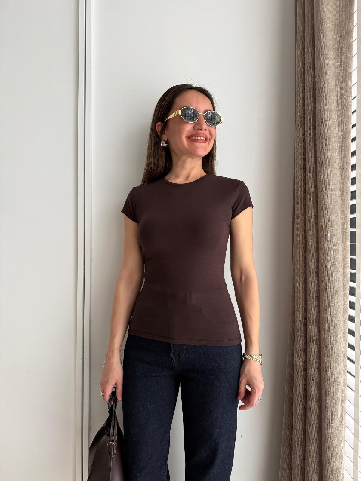 Kahve rengi Bisiklet Yaka Basic Tshirt 32761