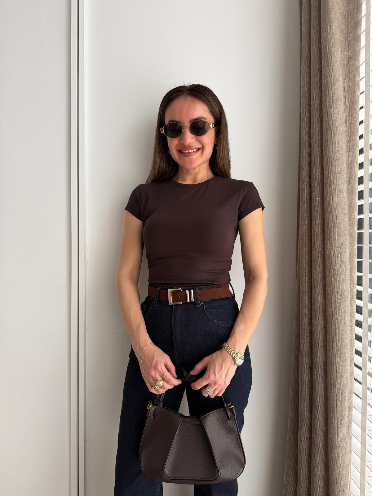 Kahve rengi Bisiklet Yaka Basic Tshirt 32761