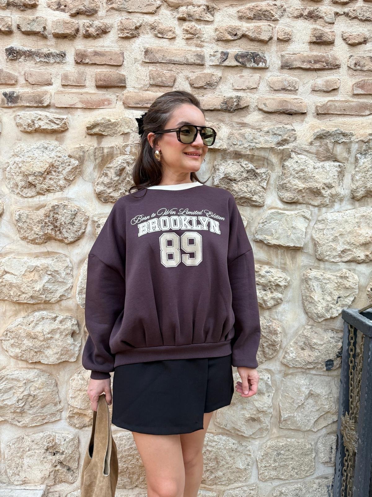 Kahve rengi Bisiklet Yaka Baskılı Sweatshirt 1124