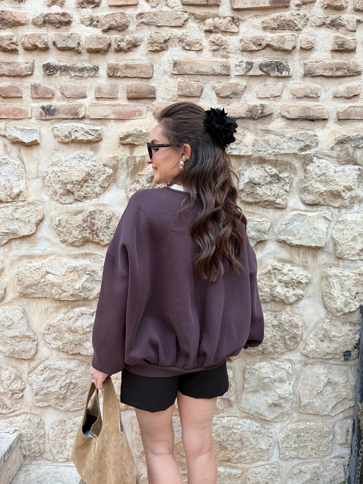 Kahve rengi Bisiklet Yaka Baskılı Sweatshirt 1124
