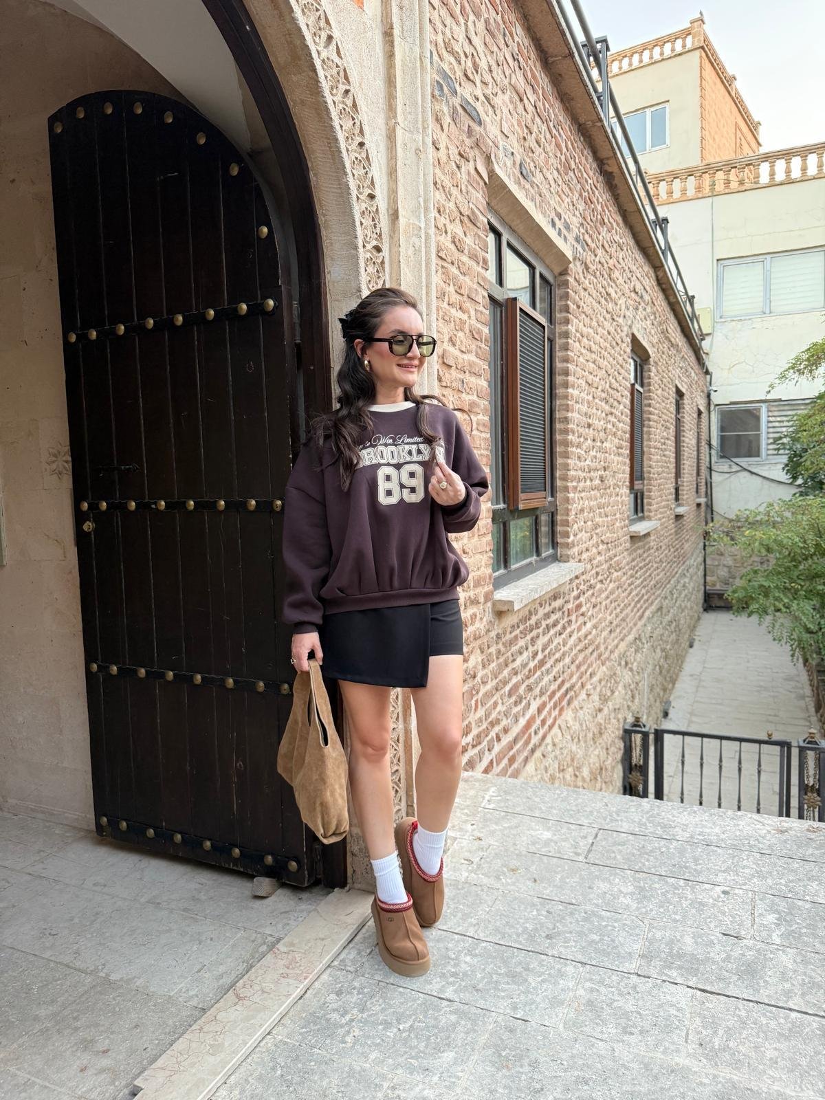Kahve rengi Bisiklet Yaka Baskılı Sweatshirt 1124