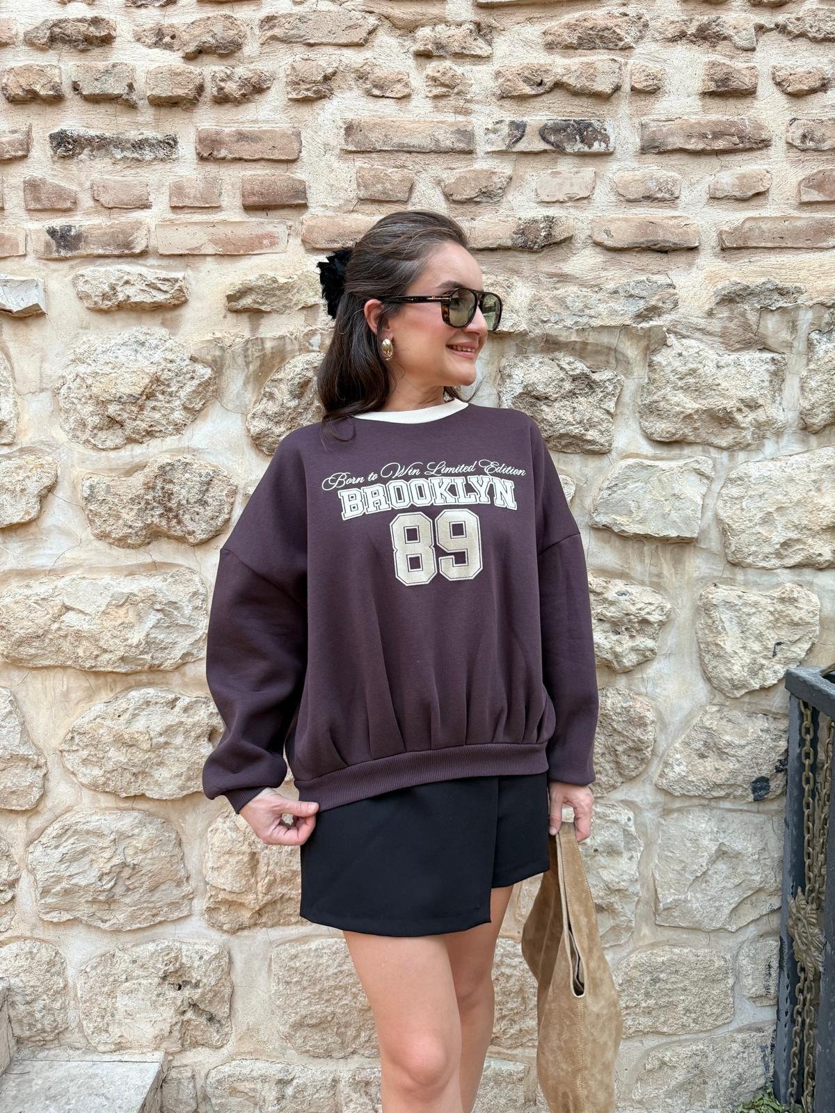 Kahve rengi Bisiklet Yaka Baskılı Sweatshirt 1124