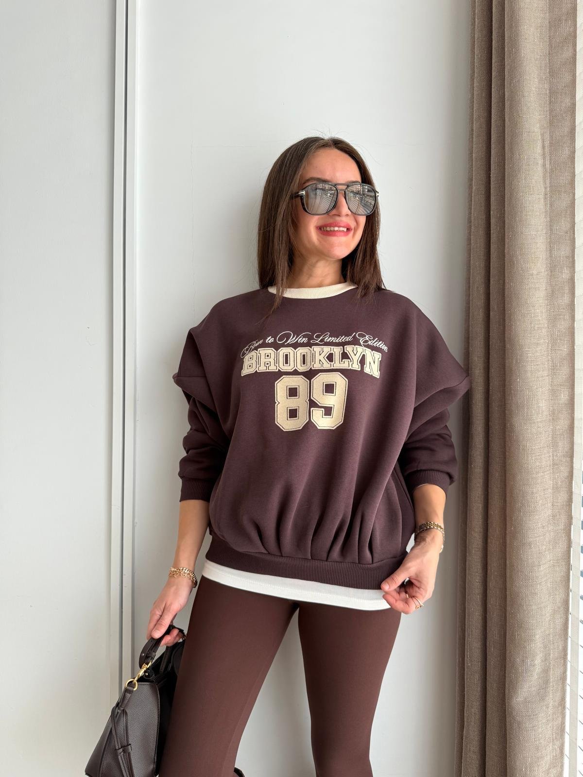 Kahve rengi Bisiklet Yaka Baskılı Sweatshirt 1124