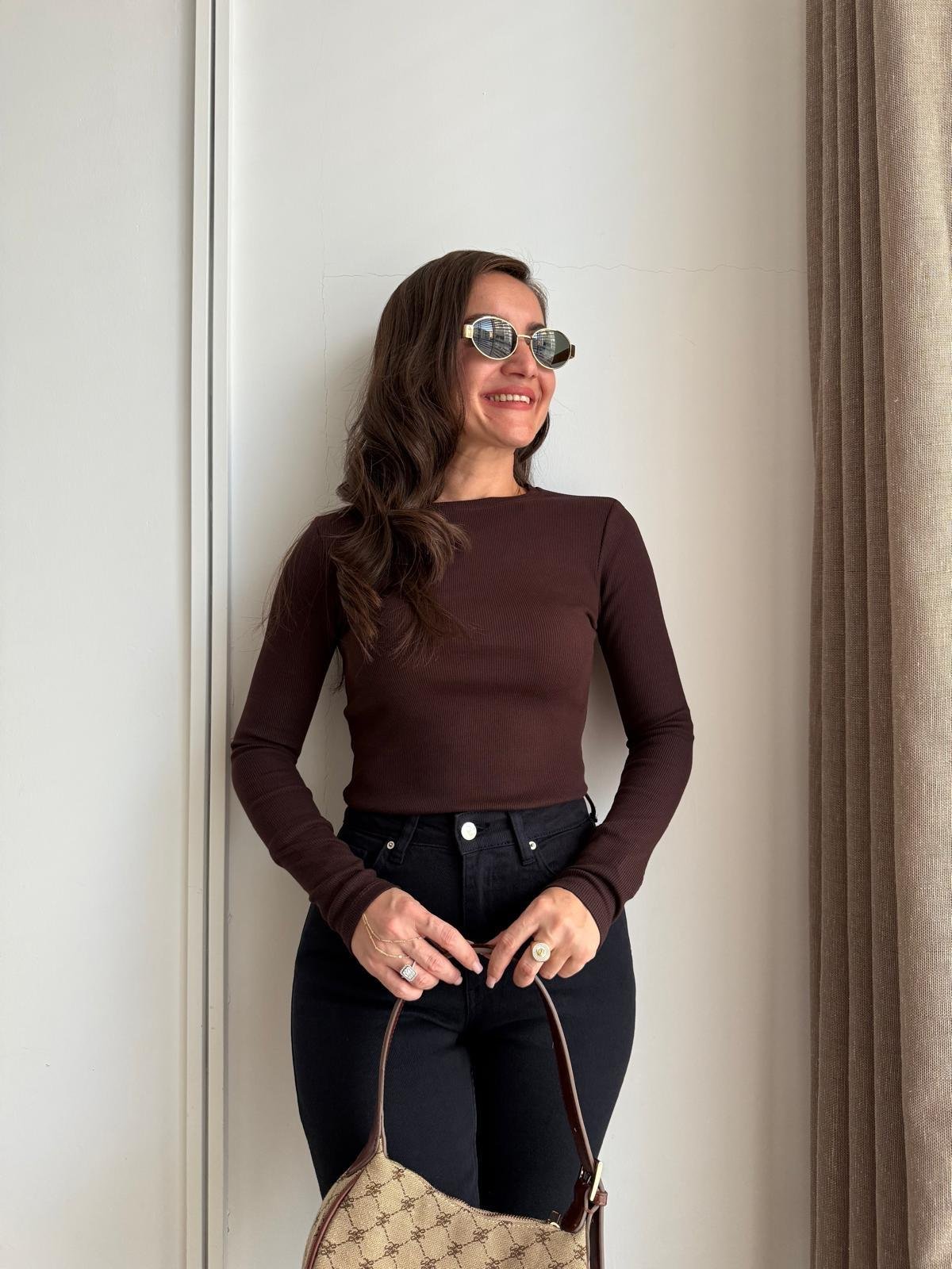 Kahve rengi Bisiklet Yaka Kaşkorse Bluz 4564