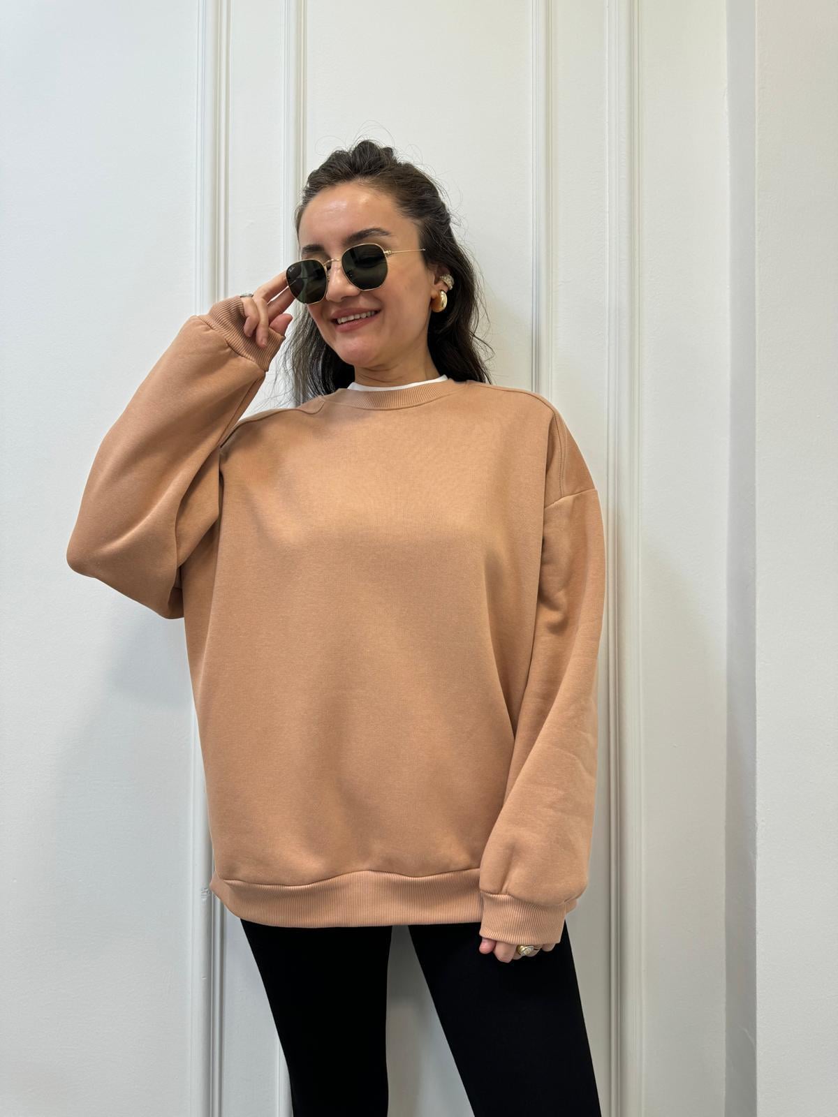 Kahve rengi Bisiklet Yaka Şardonlu Sweatshırt 241002