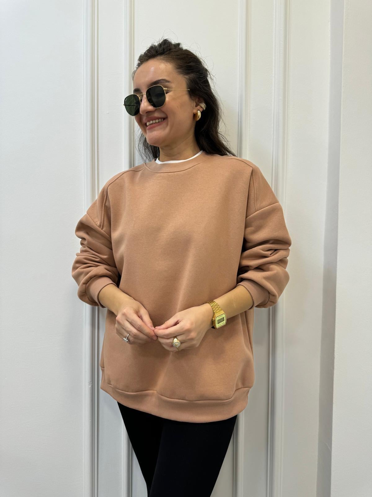 Kahve rengi Bisiklet Yaka Şardonlu Sweatshırt 241002