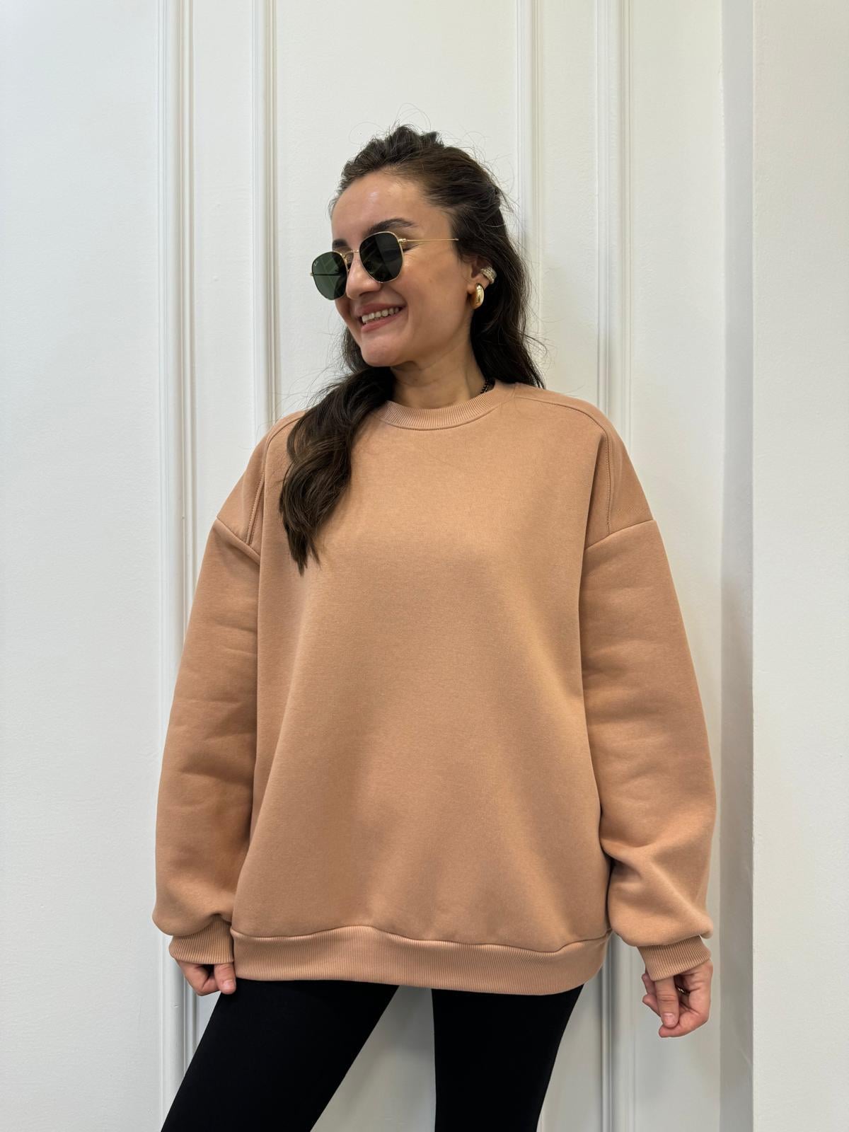Kahve rengi Bisiklet Yaka Şardonlu Sweatshırt 241002