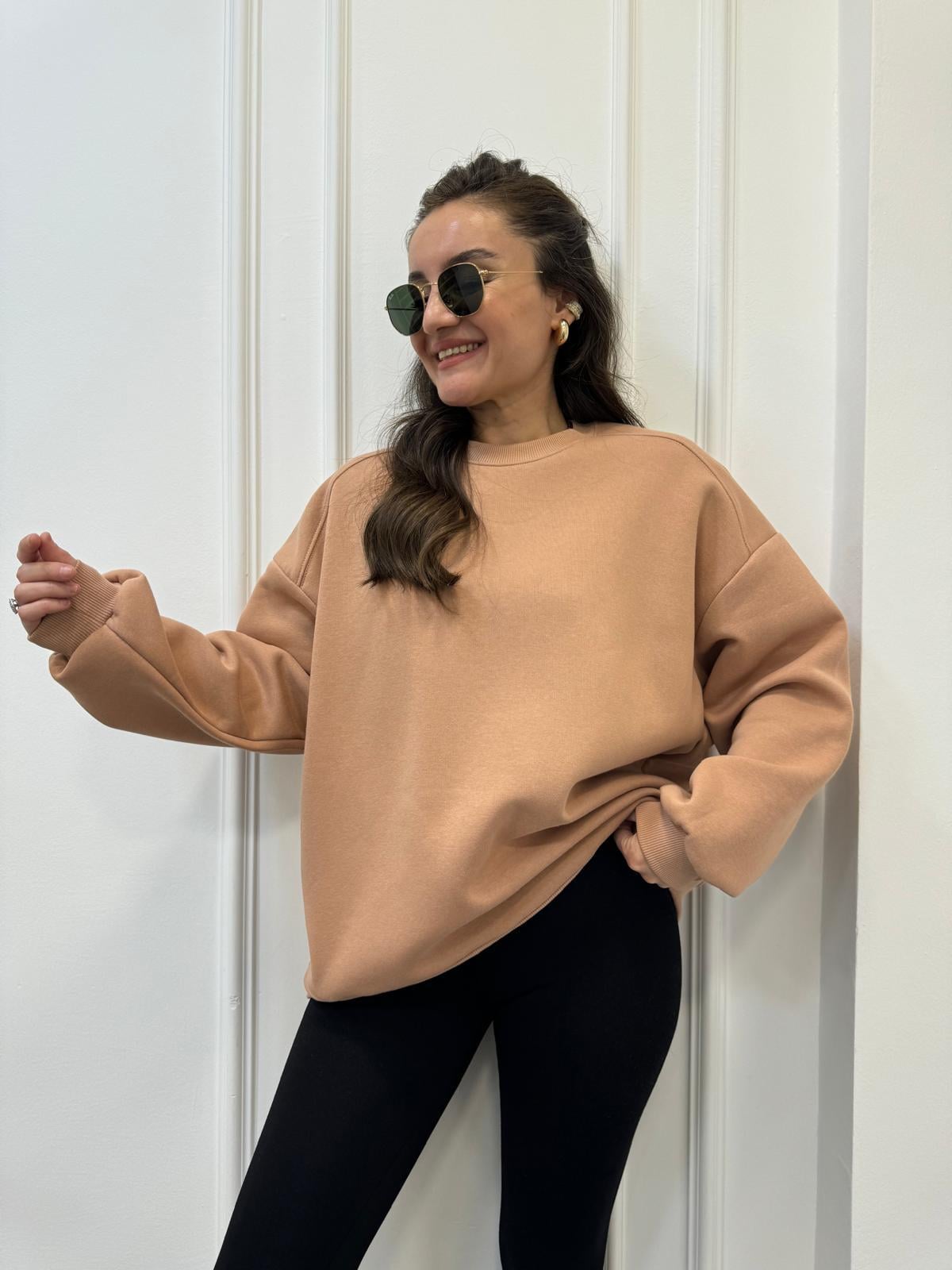 Kahve rengi Bisiklet Yaka Şardonlu Sweatshırt 241002