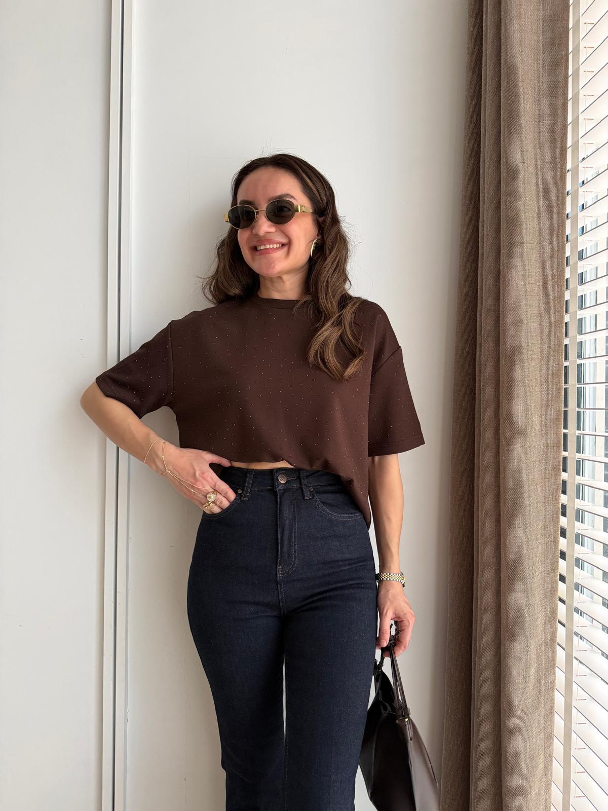 Kahve rengi Bisiklet Yaka Taşlı Tshirt 4236