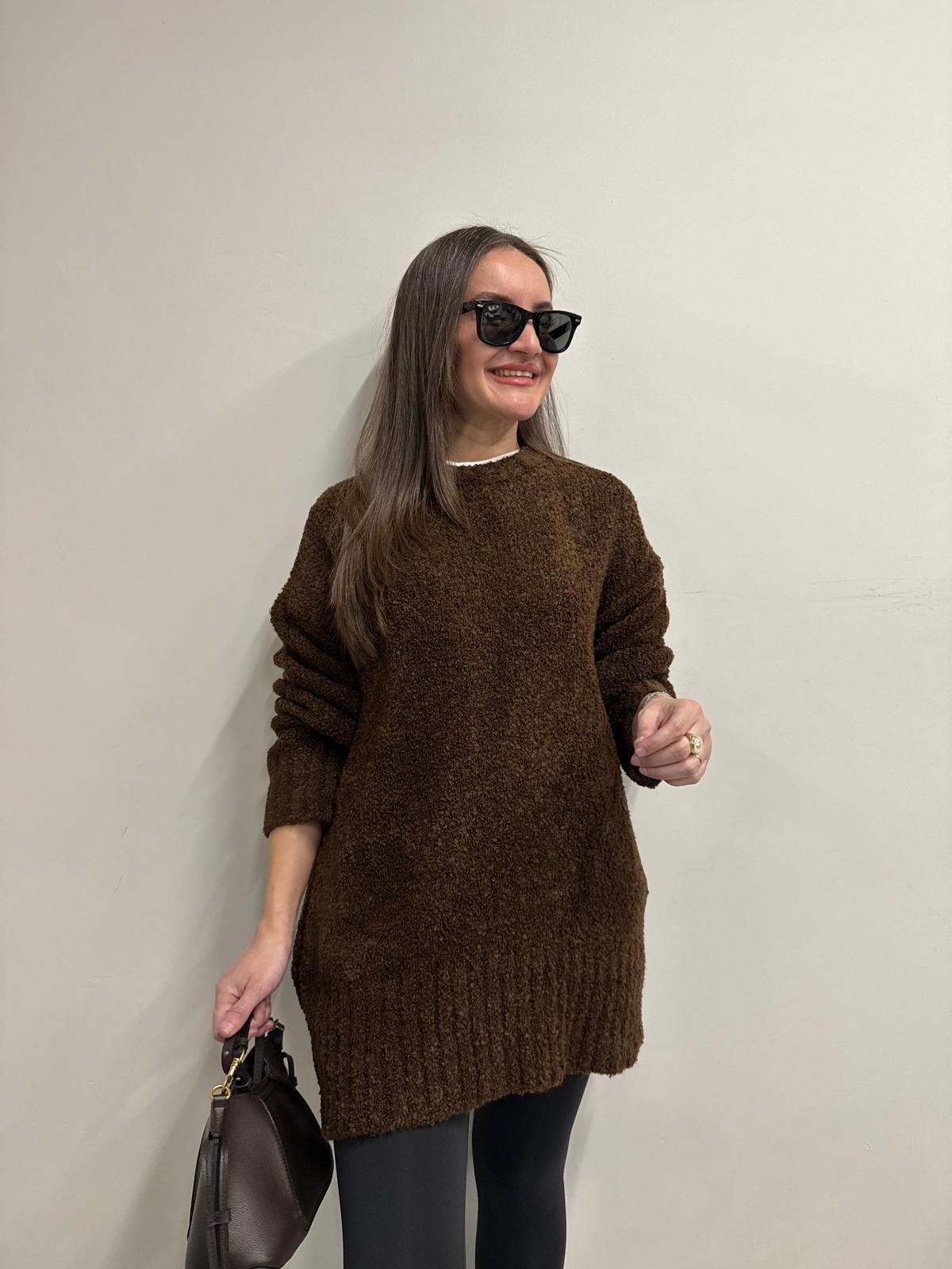 Kahve rengi Bisiklet Yaka Teddy Triko Kazak 4531