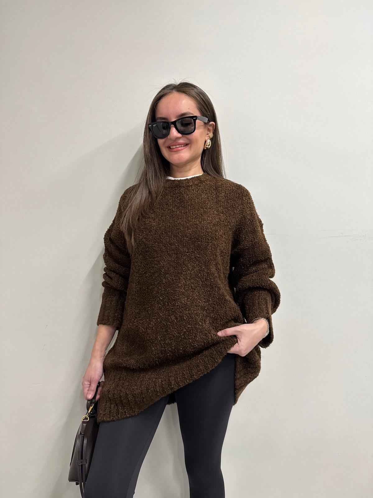 Kahve rengi Bisiklet Yaka Teddy Triko Kazak 4531