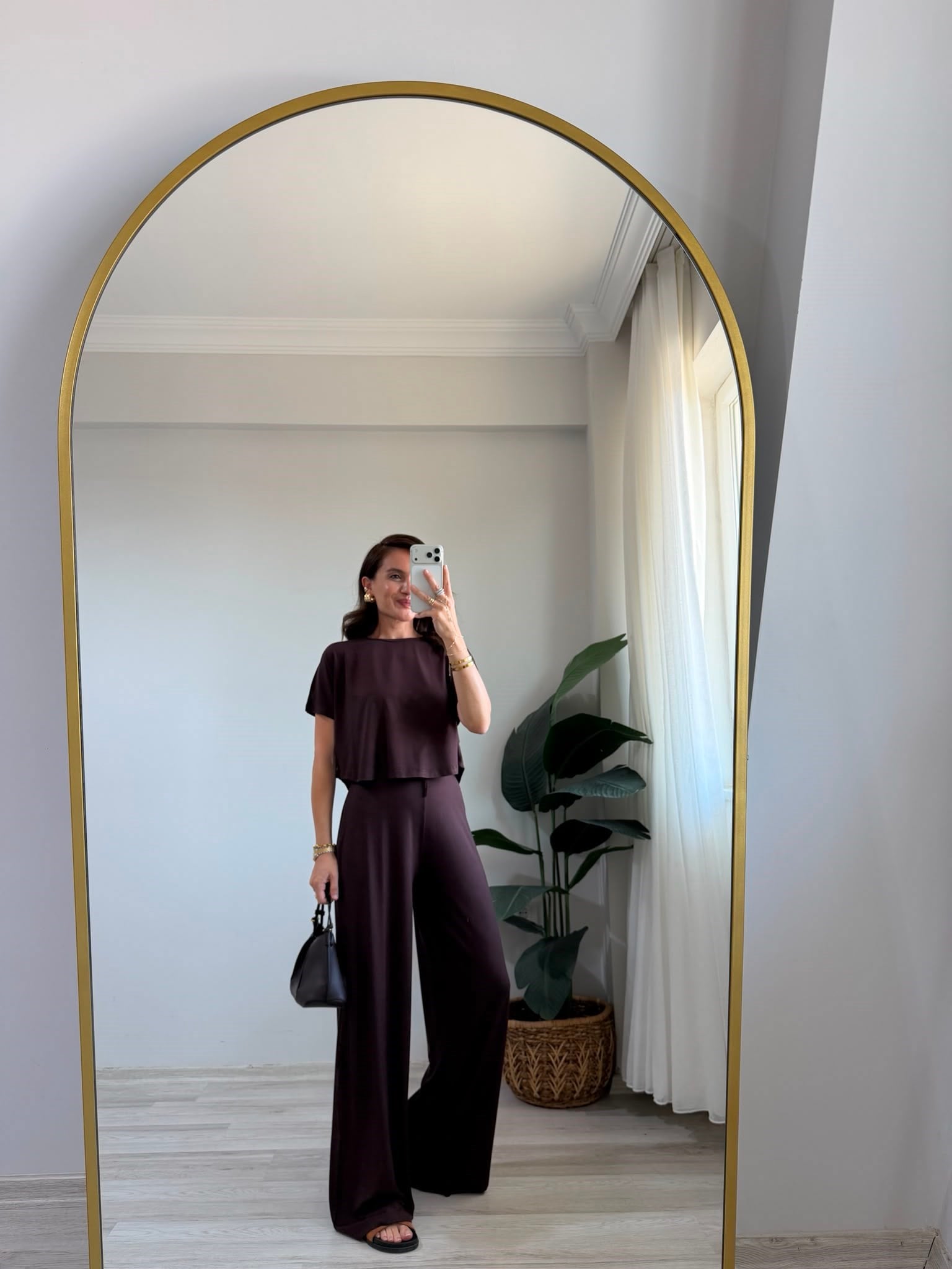 Kahve rengi Bol Paça Modal Crop Takım 4166