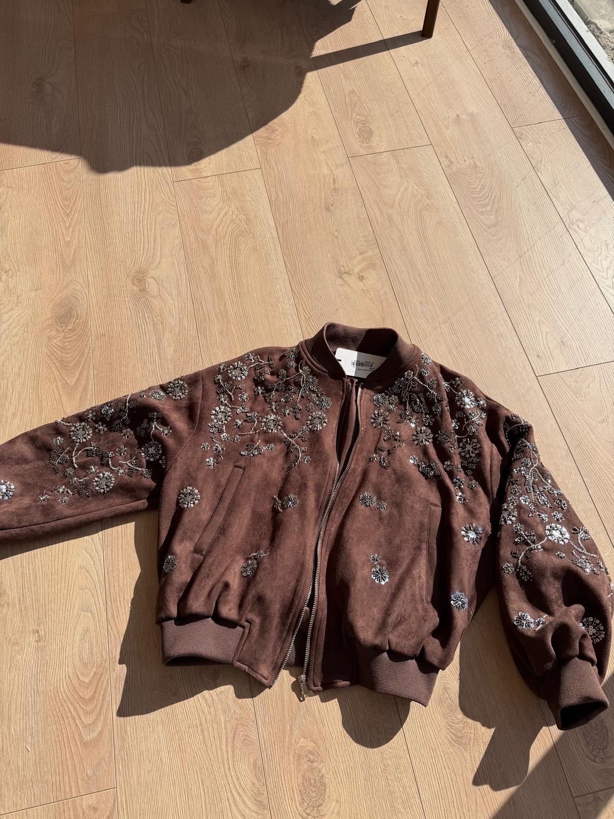 Kahve rengi Boncuk İşlemeli Süet Bomber Ceket 99972