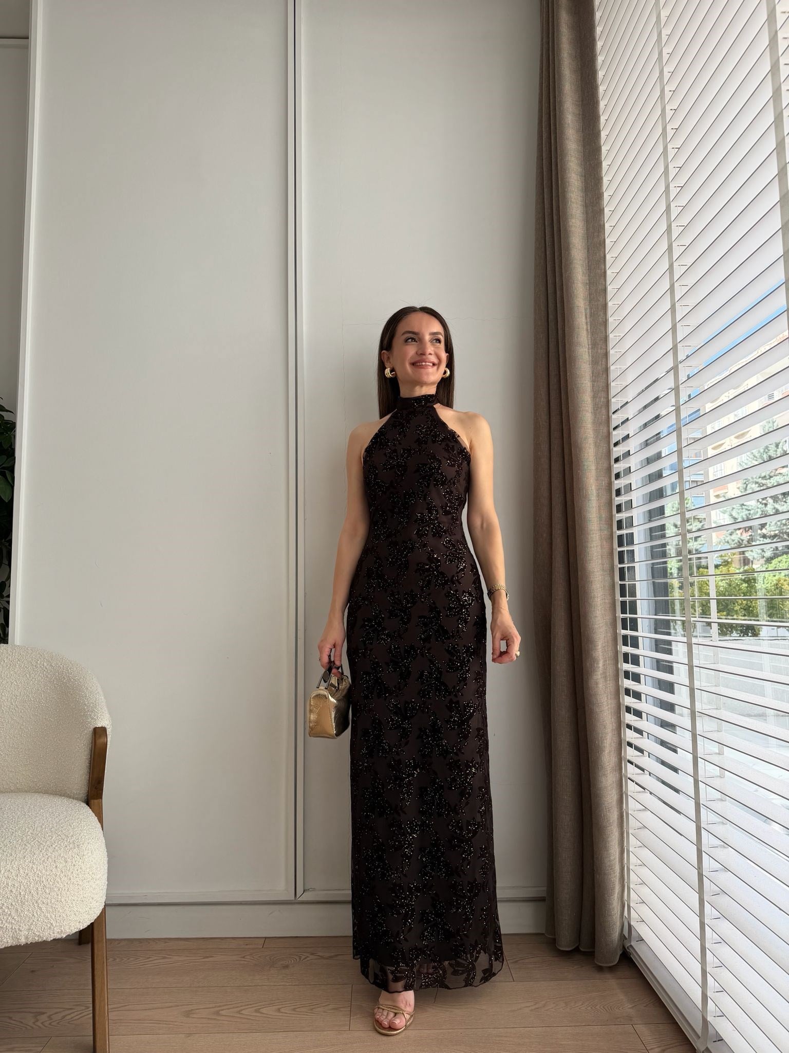 Kahve rengi Boyun Bağlamalı Flok Baskılı Elbise 4032