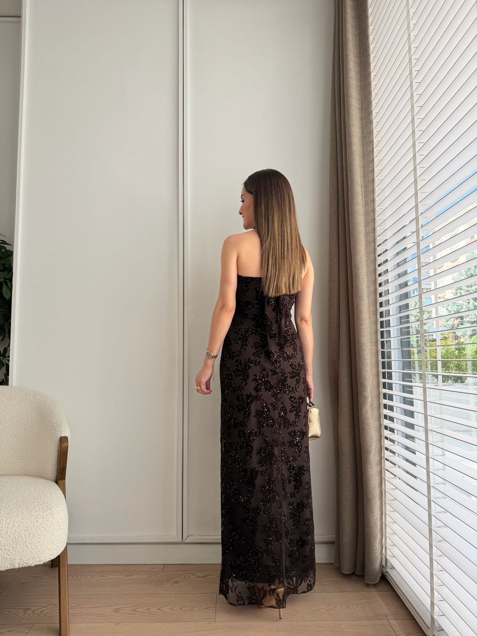 Kahve rengi Boyun Bağlamalı Flok Baskılı Elbise 4032