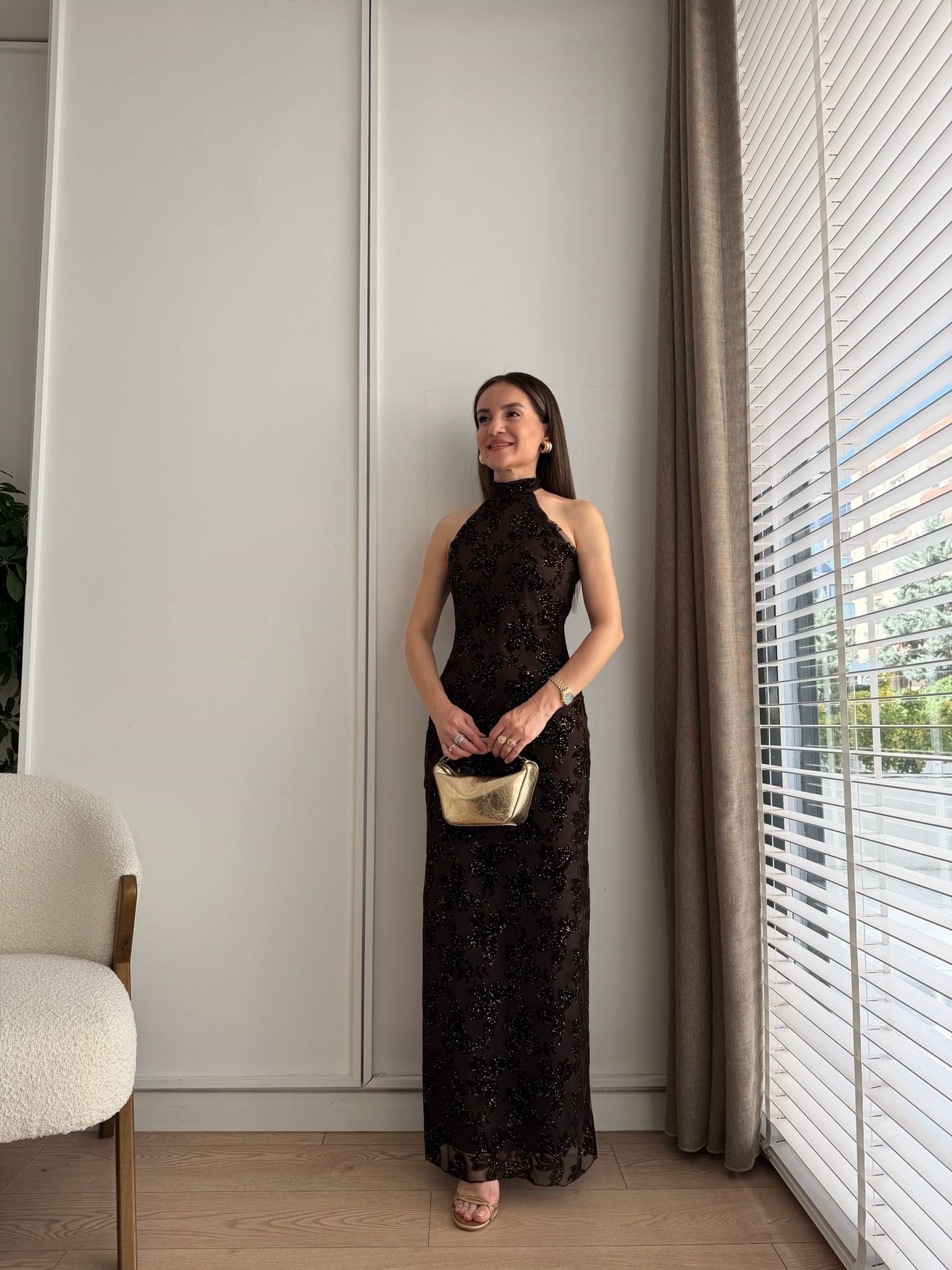 Kahve rengi Boyun Bağlamalı Flok Baskılı Elbise 4032