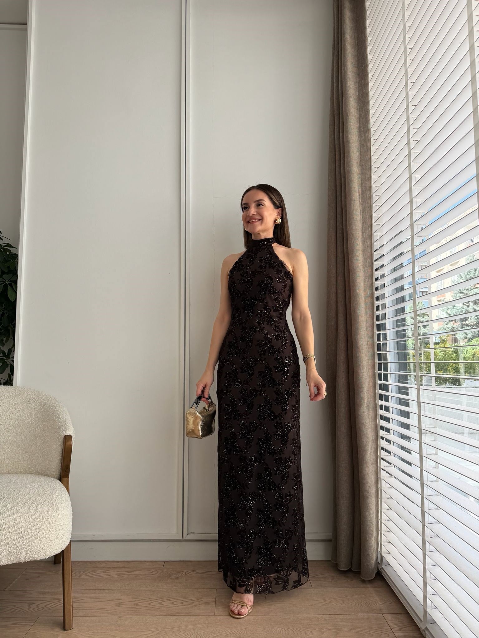 Kahve rengi Boyun Bağlamalı Flok Baskılı Elbise 4032
