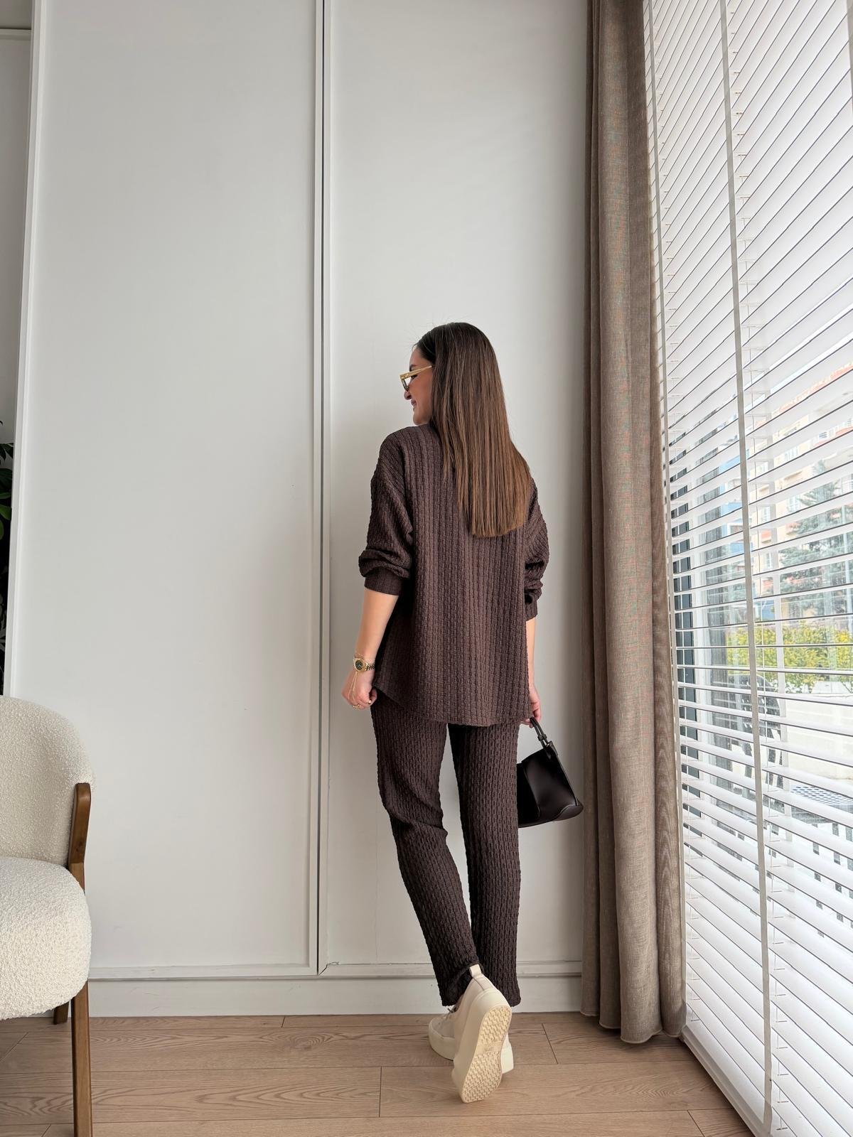 Kahve rengi Bürümcük Kumaş Gömlek Pantolon Takım 2390