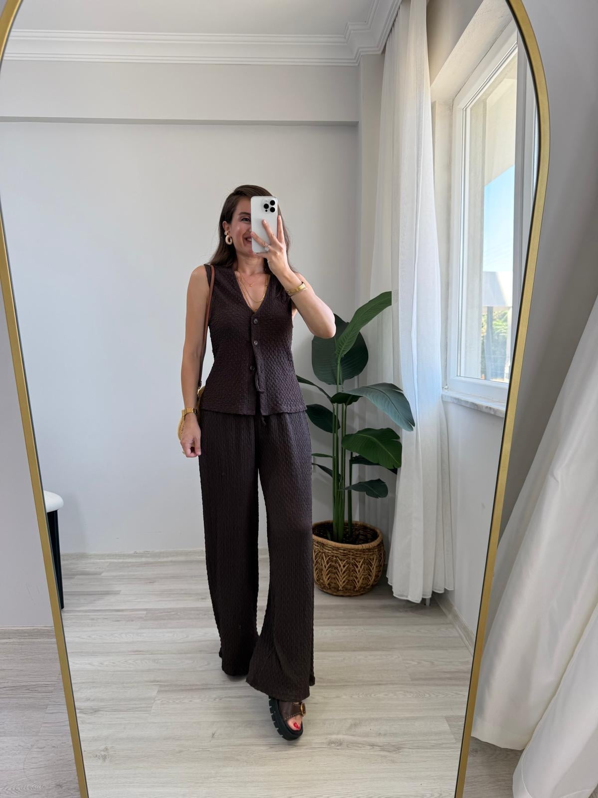 Kahve rengi Bürümcük Kumaş Yelek Pantolon Takım 16879