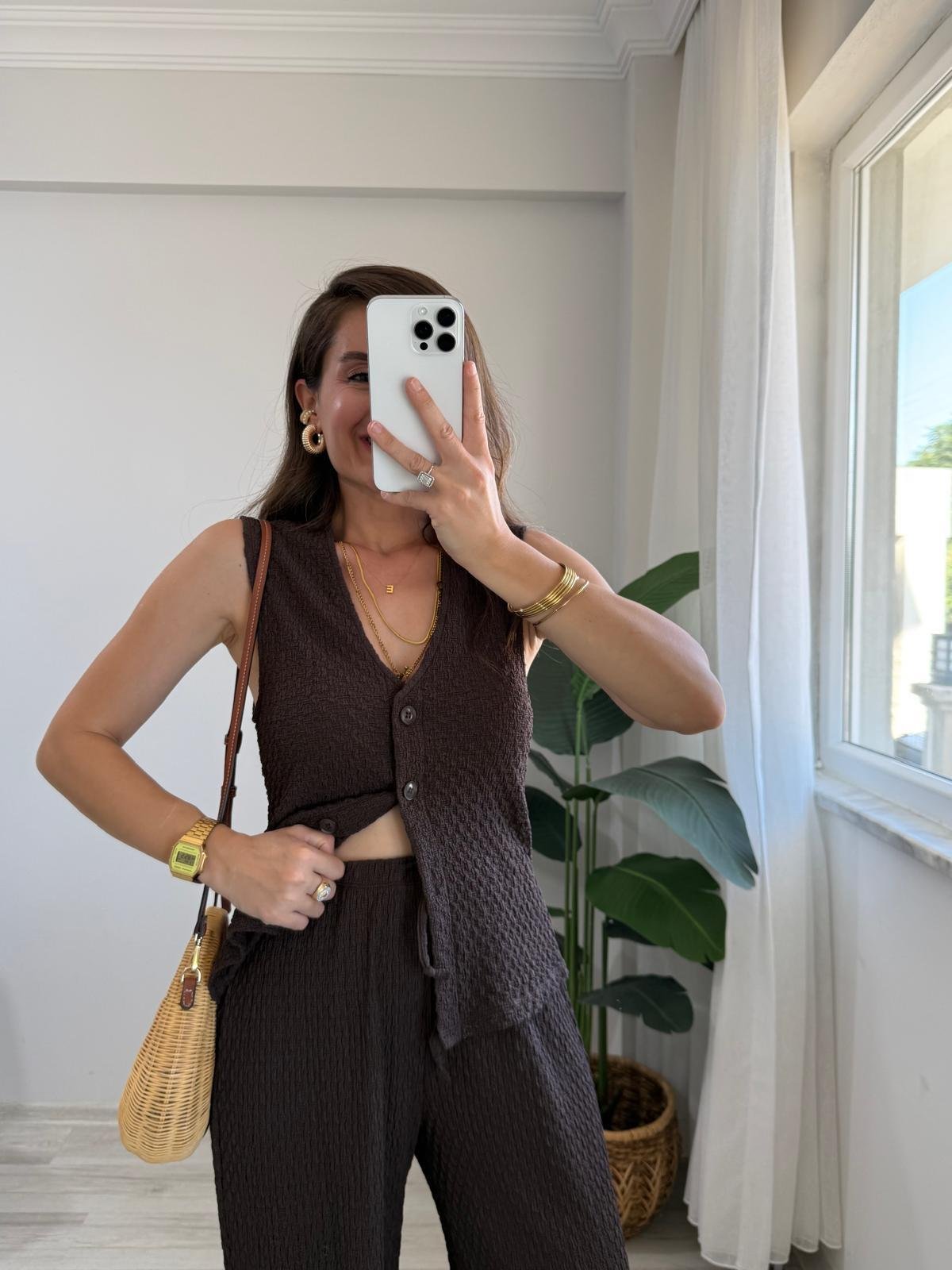 Kahve rengi Bürümcük Kumaş Yelek Pantolon Takım 16879