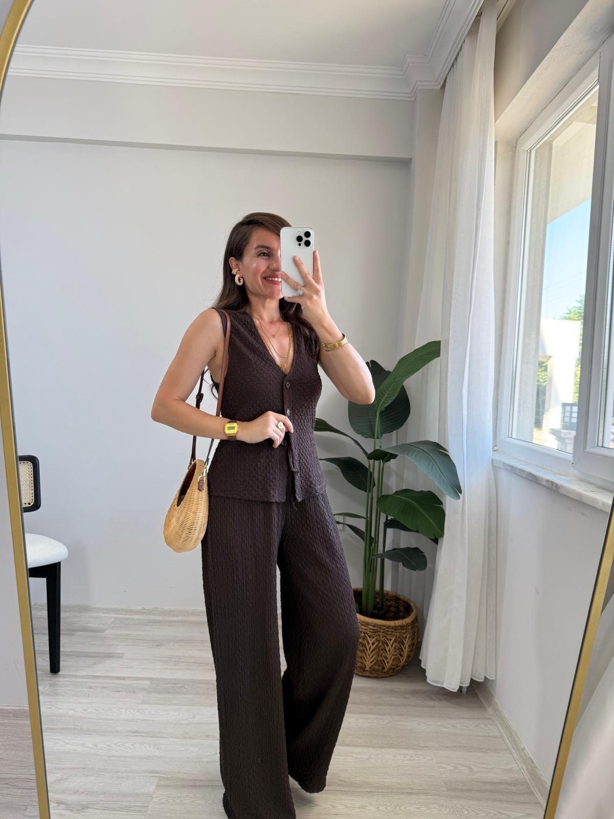 Kahve rengi Bürümcük Kumaş Yelek Pantolon Takım 16879