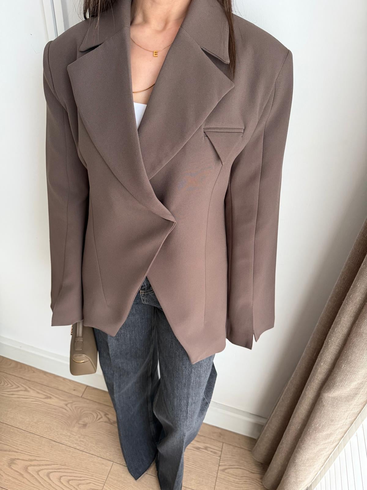 Kahve rengi Çapraz Düğmeli Bilek Detaylı Blazer Ceket 9703