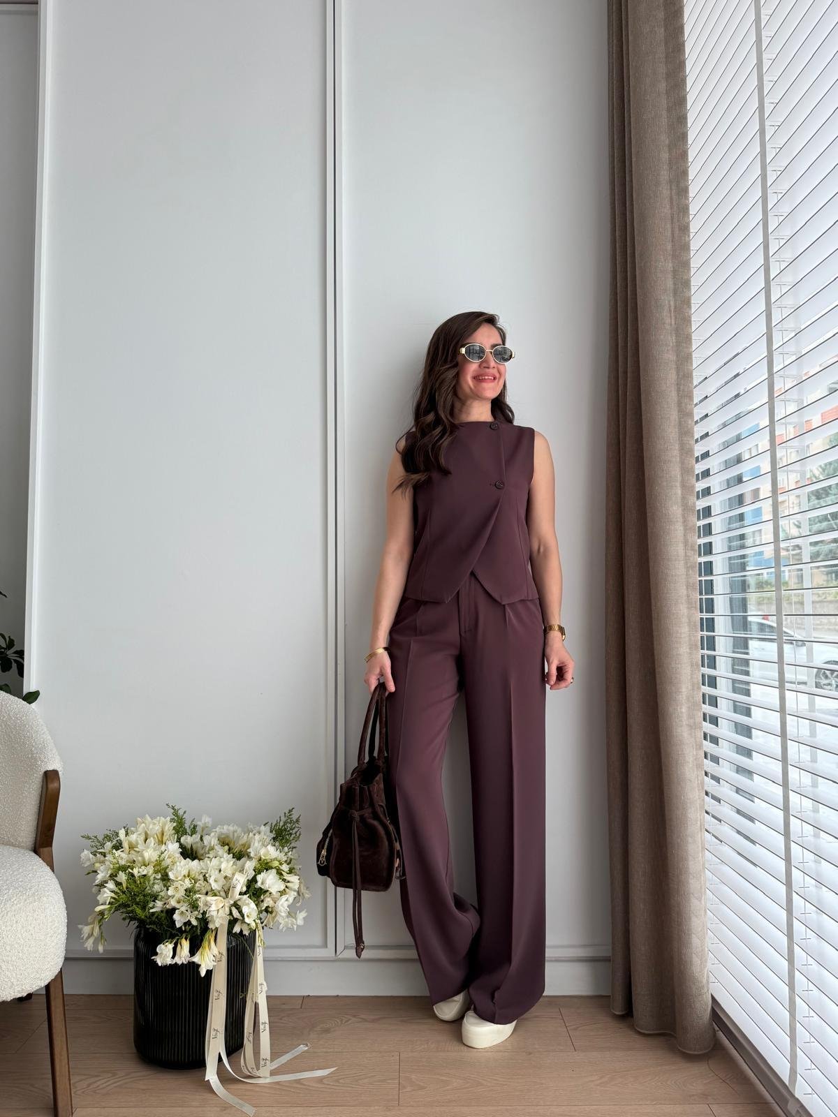 Kahve rengi Çapraz Düğmeli Bol Paça Pantolon Yelek Takım 16506
