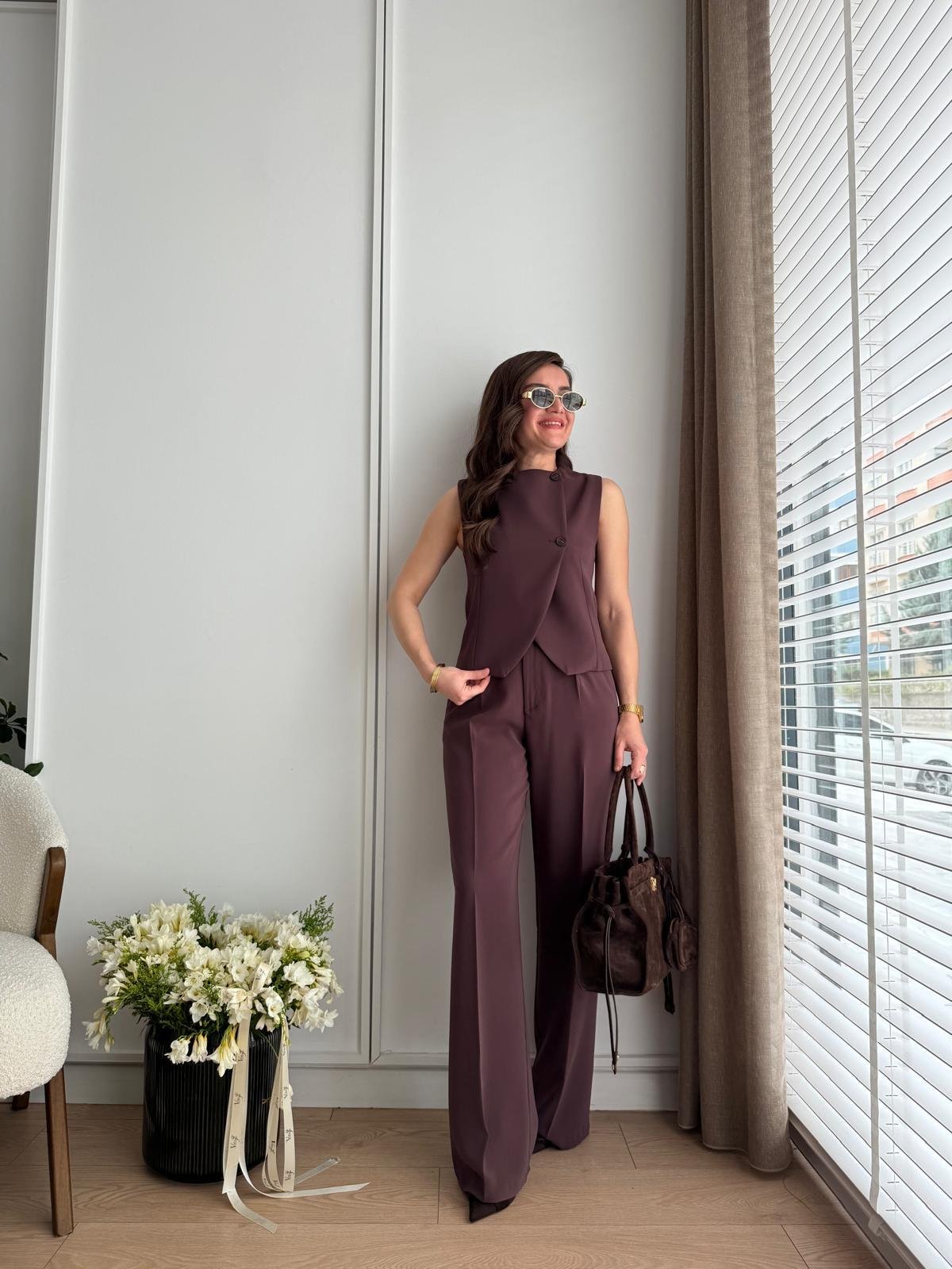 Kahve rengi Çapraz Düğmeli Bol Paça Pantolon Yelek Takım 16506