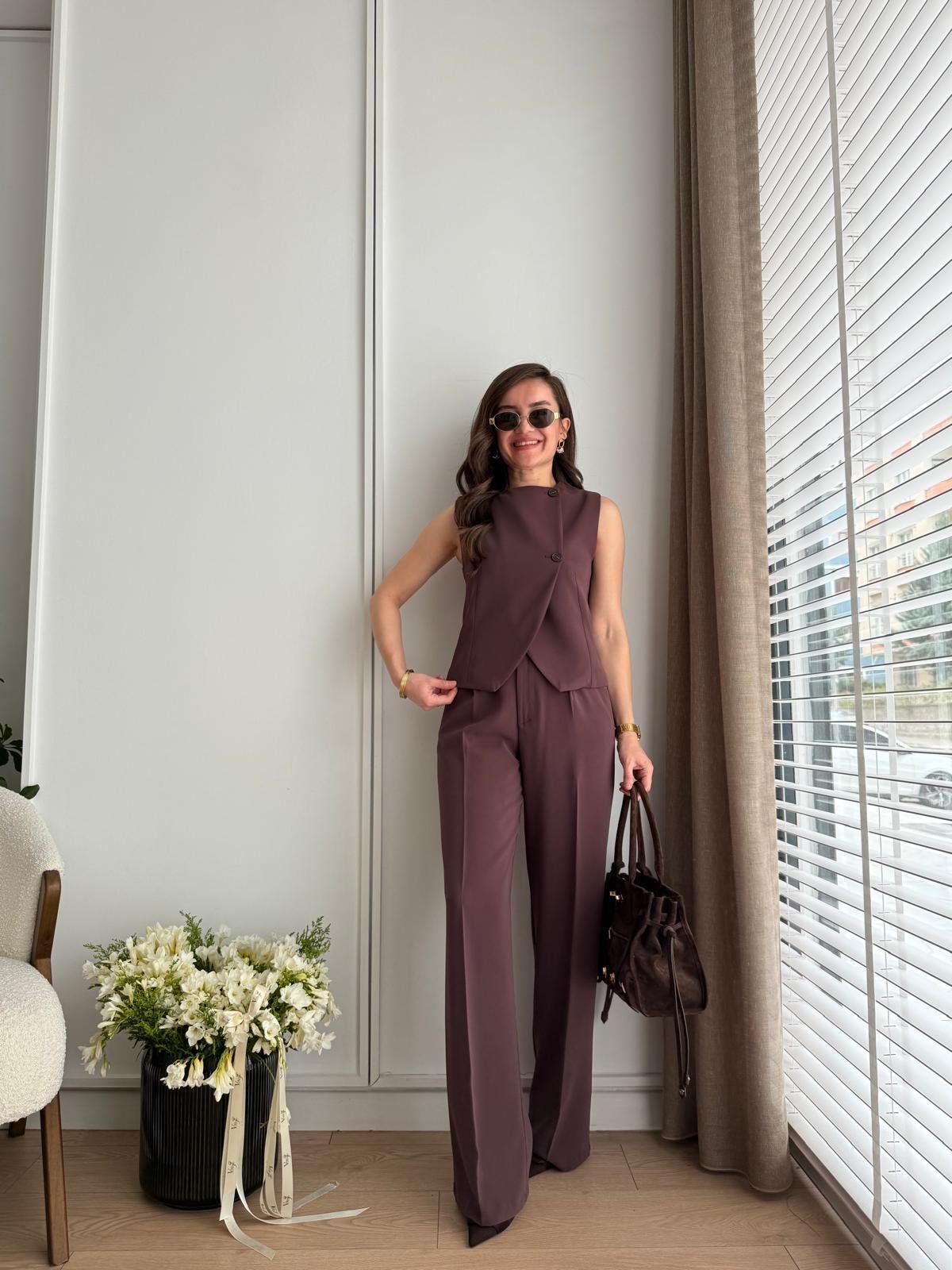 Kahve rengi Çapraz Düğmeli Bol Paça Pantolon Yelek Takım 16506