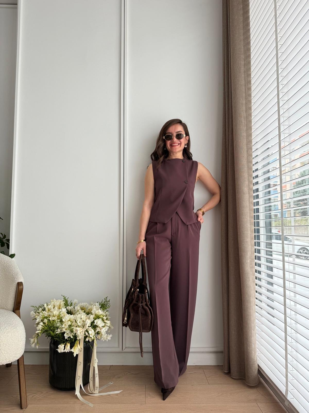 Kahve rengi Çapraz Düğmeli Bol Paça Pantolon Yelek Takım 16506
