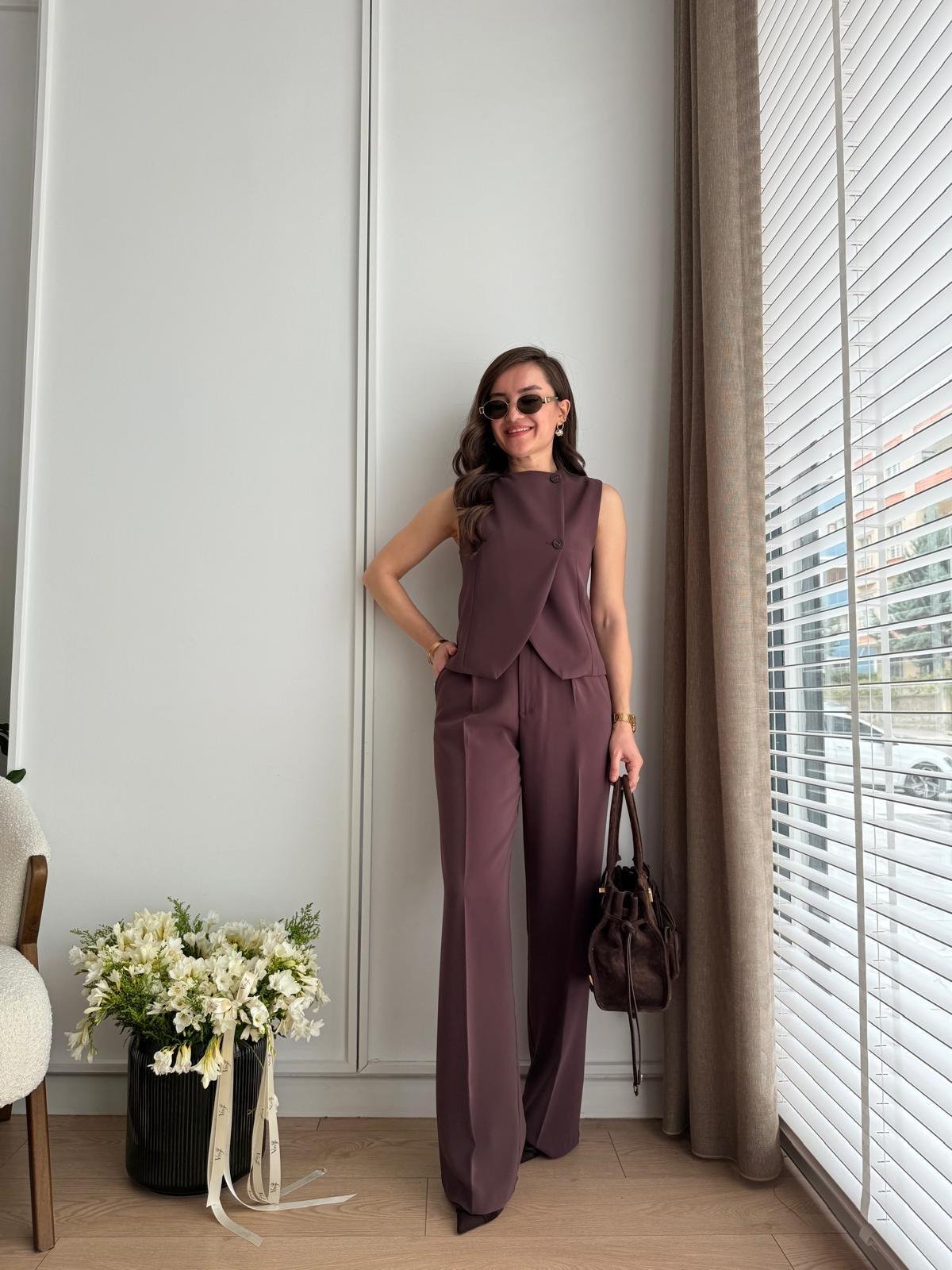 Kahve rengi Çapraz Düğmeli Bol Paça Pantolon Yelek Takım 16506