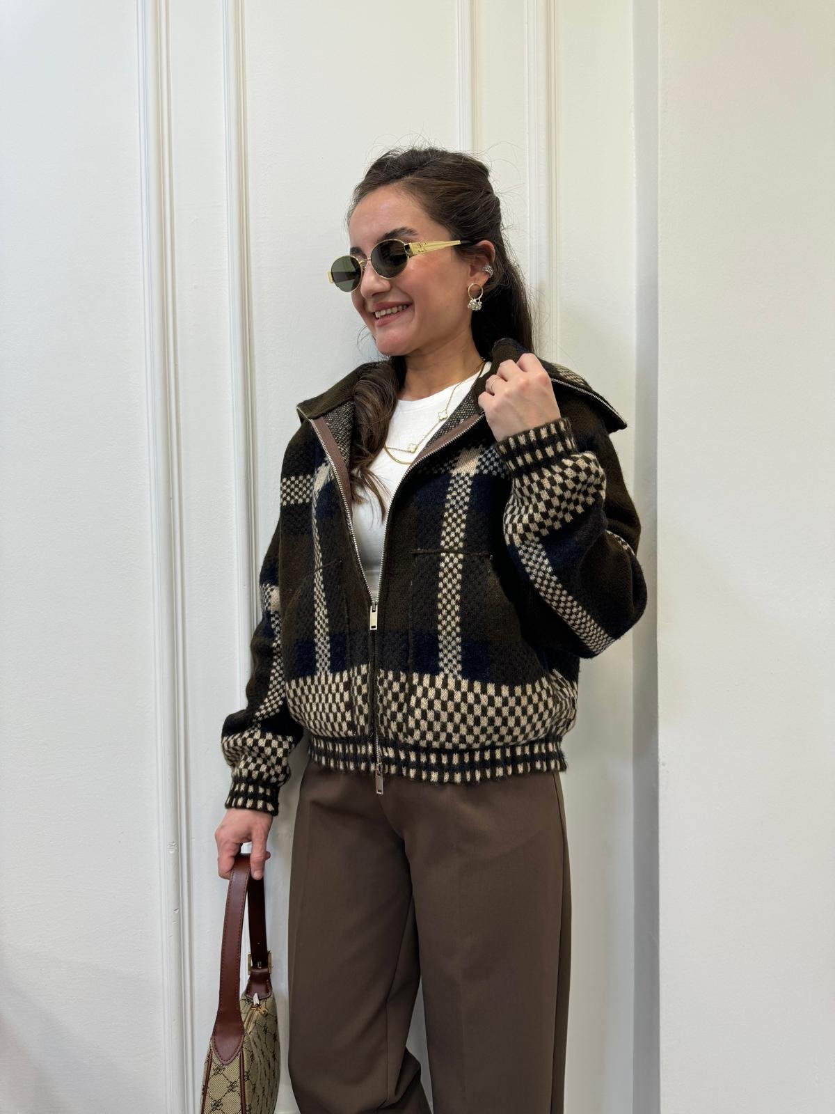 Kahve rengi Çift Fermuarlı Çelik Örme Hırka 7653
