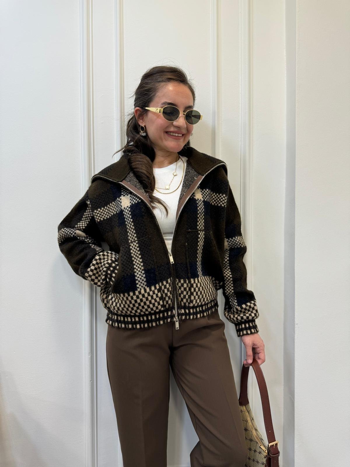 Kahve rengi Çift Fermuarlı Çelik Örme Hırka 7653