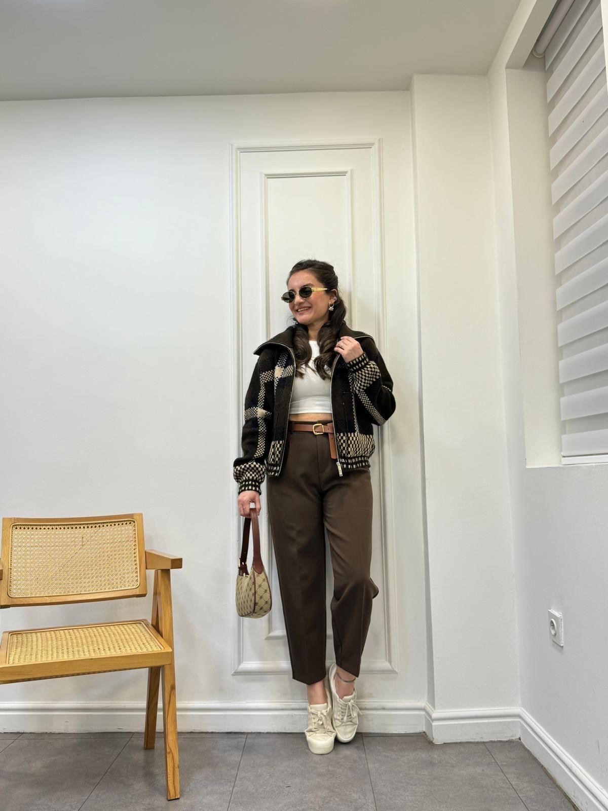 Kahve rengi Çift Fermuarlı Çelik Örme Hırka 7653