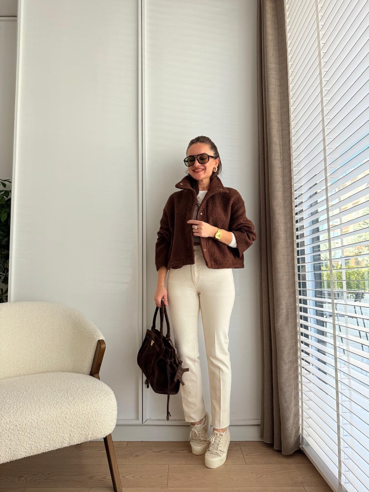 Kahve rengi Çıtçıt Düğmeli Buklet Ceket 0146