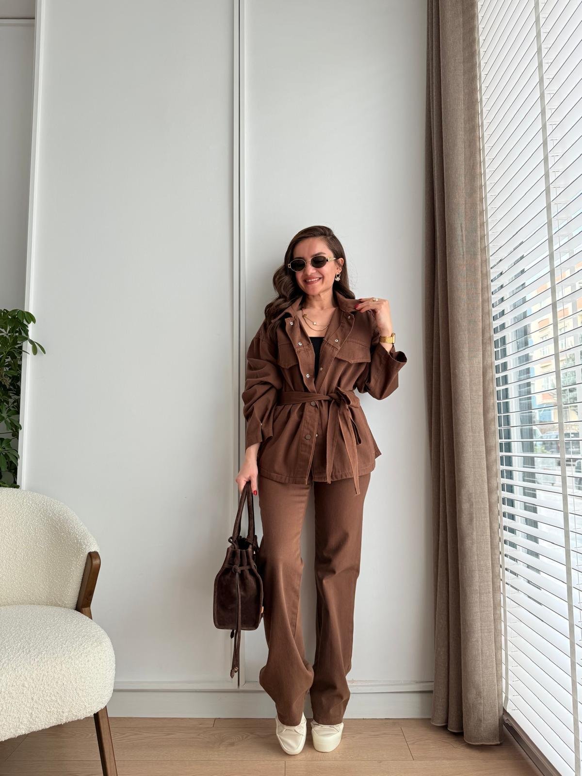 Kahve rengi Çıtçıt Düğmeli Kuşaklı Denim Ceket 7430