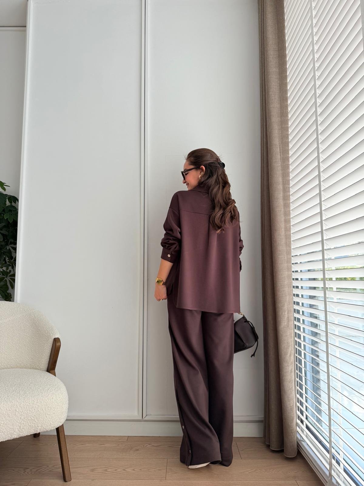 Kahve rengi Çıtçıt Düğmeli Paça Detaylı Modal Takım 36704