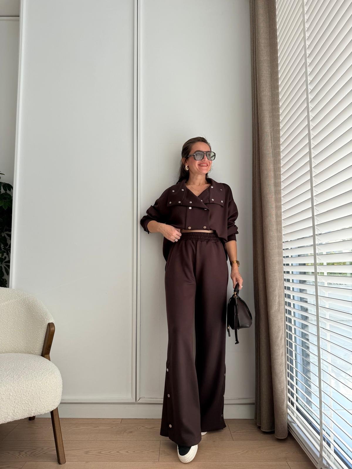 Kahve rengi Çıtçıt Düğmeli Paça Detaylı Modal Takım 36704