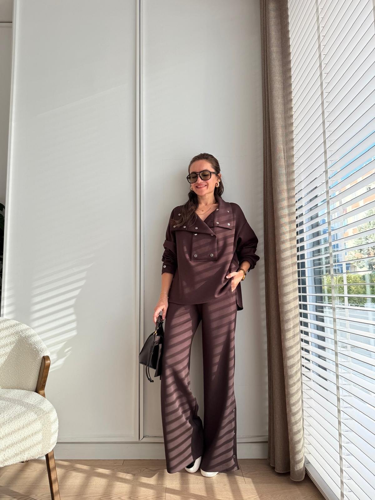 Kahve rengi Çıtçıt Düğmeli Paça Detaylı Modal Takım 36704